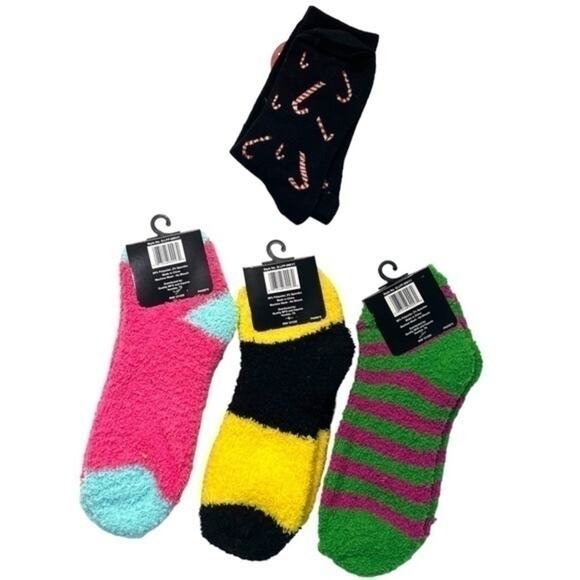 Fuzzy Holiday Socks Bundle of 4 Pairs | Cat & Striped Cozy Set NWT - Picture 5 of 7